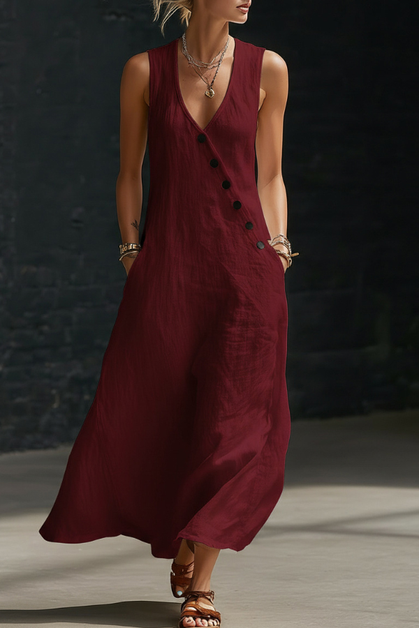 Linen Blend Solid Color V-neck Sleeveless Button-down Casual Pocket Midi Dress | Consonak
