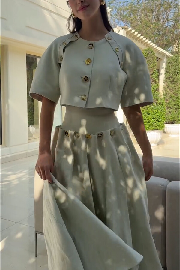 Custom Look Linen Blend Unique Metal Pattern Buttons Lace-up Waist Crisp Hem Maxi Skirt | Consonak