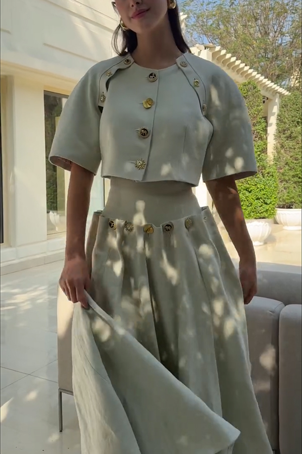 Custom Look Linen Blend Unique Metal Pattern Buttons Slit Half Sleeve Crop Jacket | Consonak