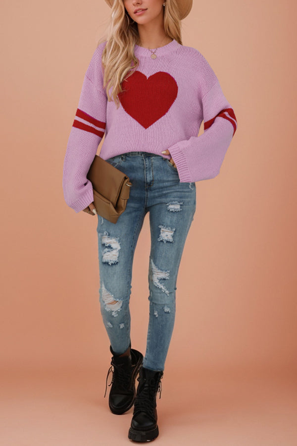 Fashionable Heart-shaped Jacquard Long-sleeved Loose Knit Sweater-consonak