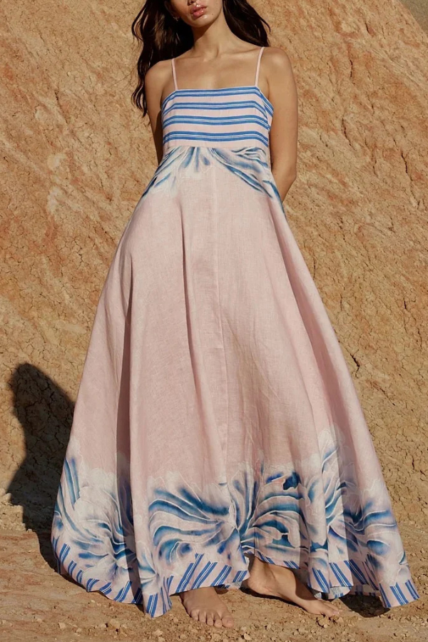 Unique Print Square Neck Spaghetti Strap Back Gathered Maxi Dress