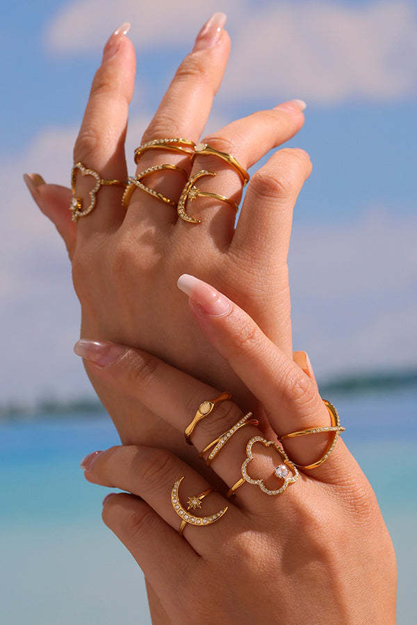 Elegant Super-shiny Zircon Star and Moon Irregular Geometric Ring-consonak