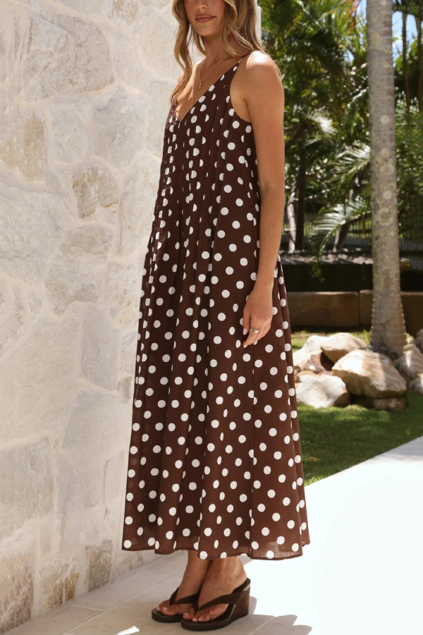 Polka Dot Print V-neck Pleated Casual Vacation Maxi Dress-consonak