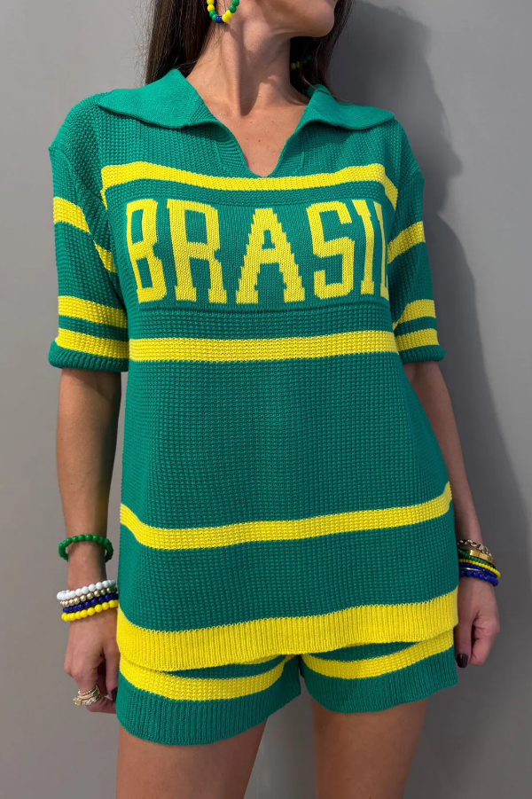 World Cup-themed Jacquard V-neck Short-sleeved Loose-fitting Top and Casual Stretch Shorts Knit Set