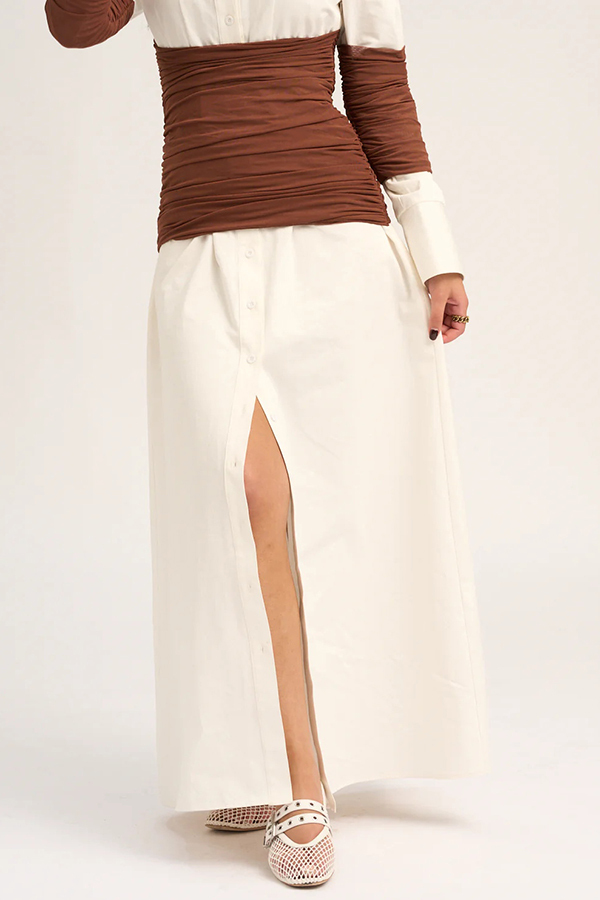 Fashionable Pleated Contrast Patchwork Waist Long Sleeve Button Shirt Maxi Dress-consonak