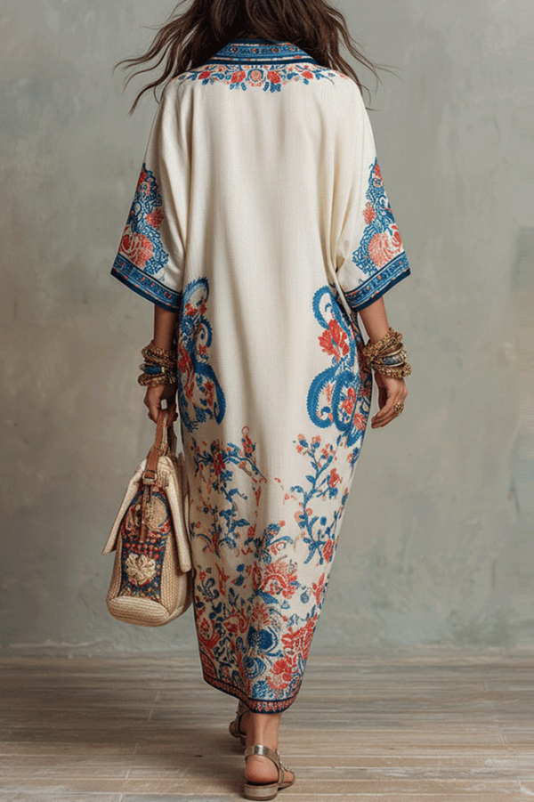 Unique Print Loose V-Neck Casual Slit Maxi Dress