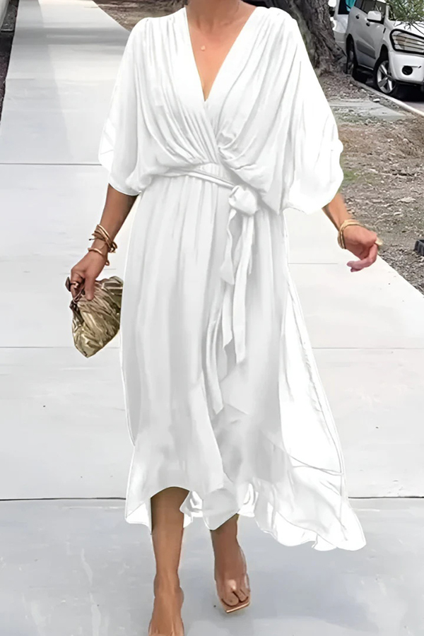 Solid Color V-neck Bat Sleeve Lace-up Irregular Hem Midi Dress-consonak