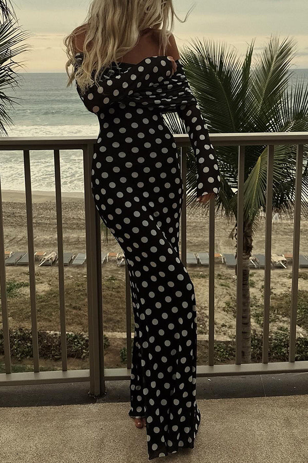 Chic Statement Polka Dot Print Off Shoulder Ruched Stretch Maxi Dress | Consonak