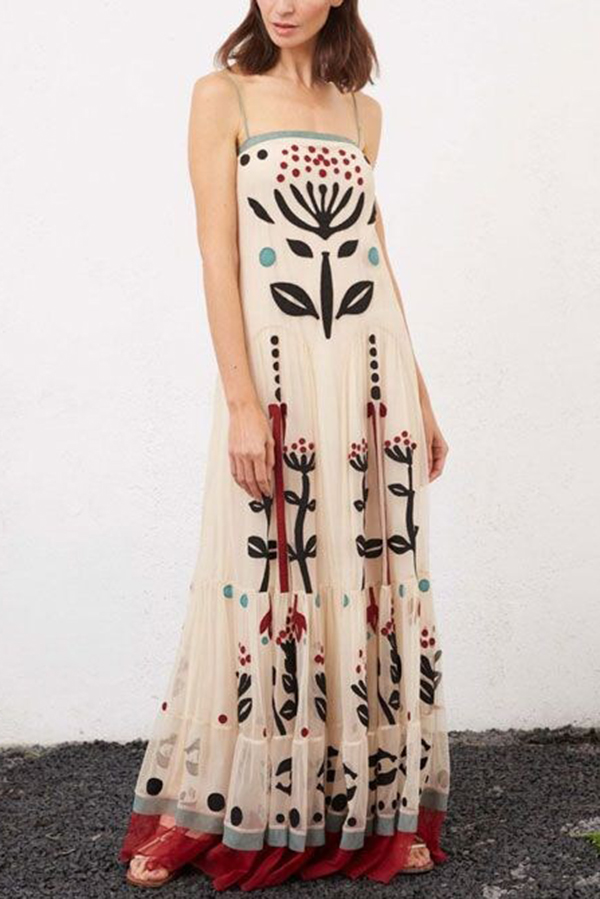 Botanical Print Chiffon Sling Backless Resort Maxi Dress-consonak