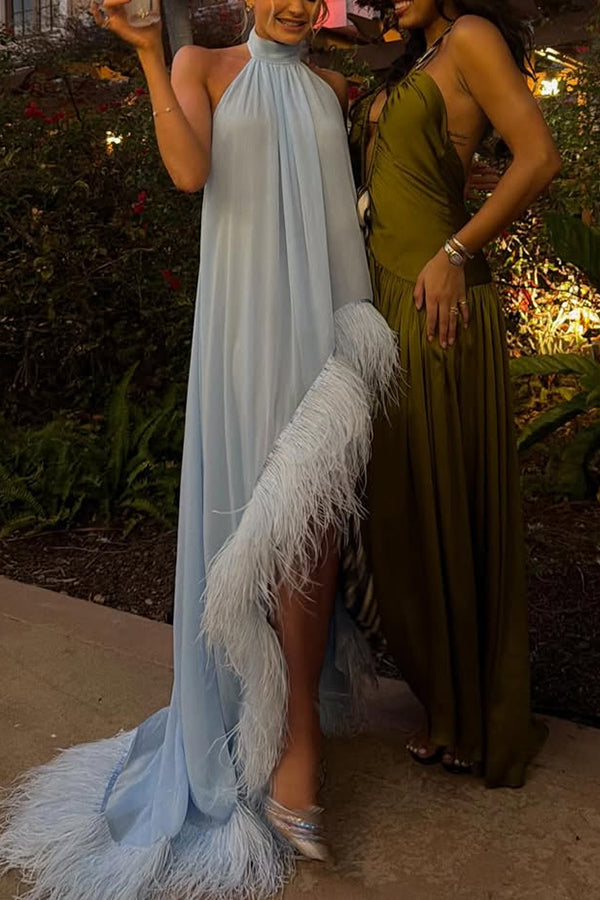 Janice Chiffon Feather Trim Asymmetric Hem Halterneck Gown Maxi Dress