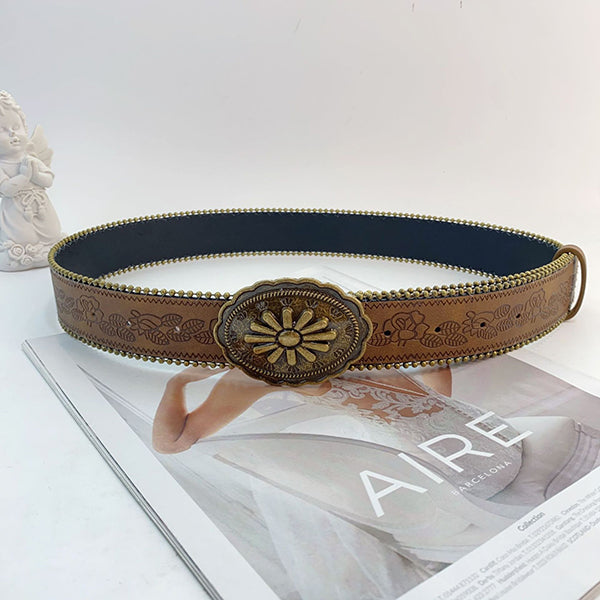 Retro Versatile Faux Leather Carved Brown Belt-consonak
