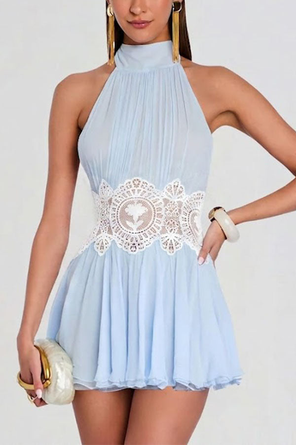 Ethereal Lace-Waist Halter Mini Dress-Consonak