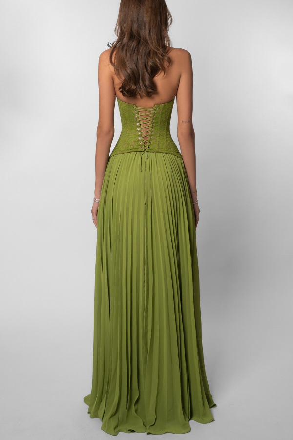 Elegant Lace Patchwork Halter Neck Tie Backless Pleated Maxi Dress-consonak
