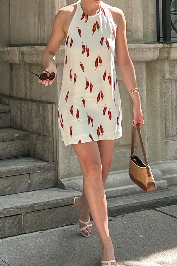 Spicy Summer Chili Pepper Unique Print Soft Fabric Halter Loose Mini Dress-consonak