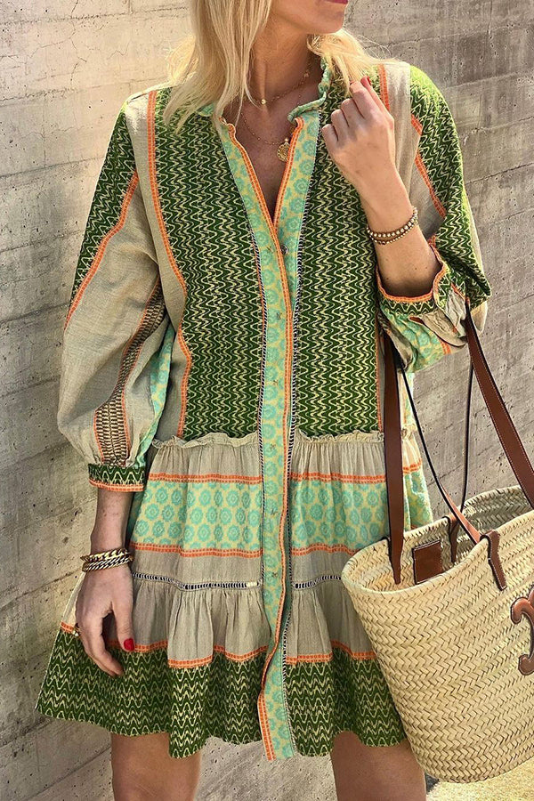 Look My Vacation Style Ethnic Print Button Loose Mini Dress-consonak