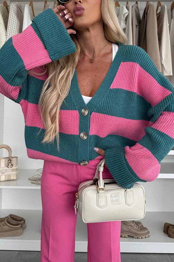 Fashion Contrast Striped Casual V-neck Long-sleeved Knitted Cardigan-consonak
