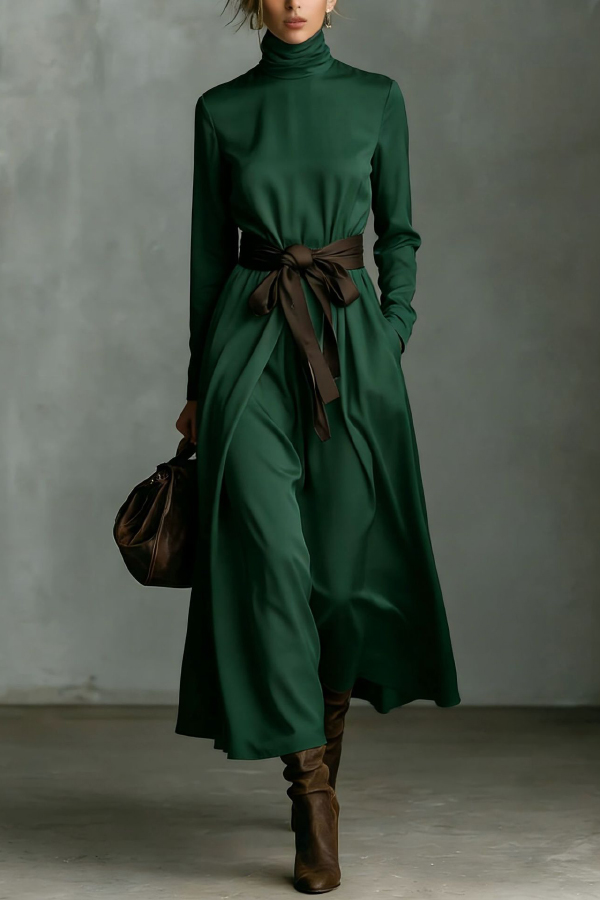 Stylish Color-blocked Belted High-neck Long-sleeved Casual Maxi Dress