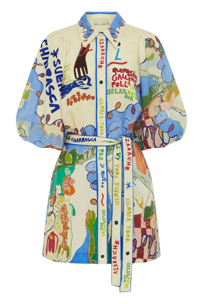 Phebe Linen Blend Unique Print Pocket Waist Tie Mini Dress-consonak