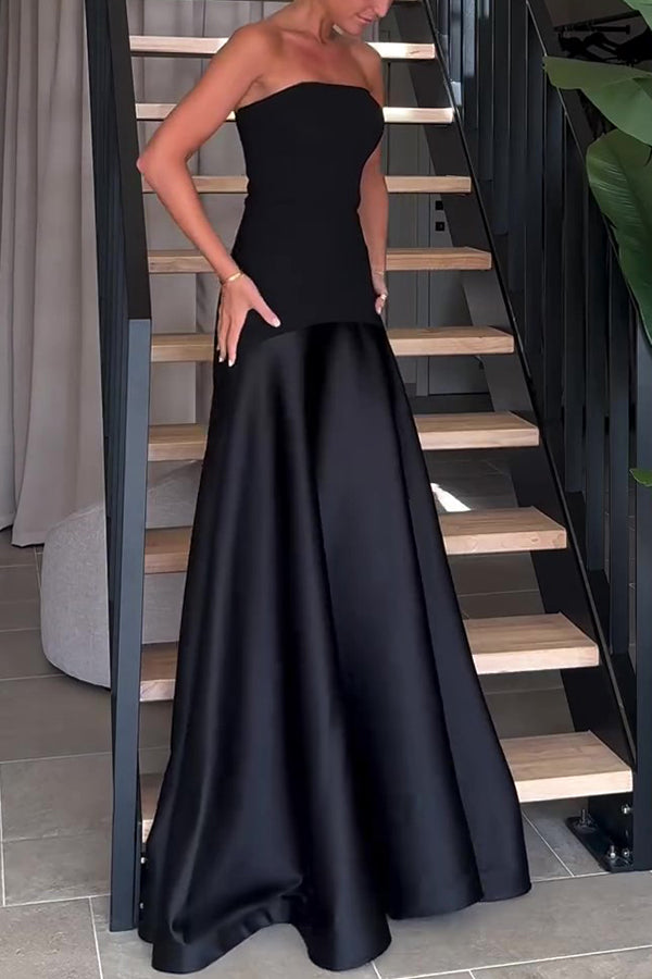 Timeless Elegance Satin Patchwork Strapless Flare Gown Maxi Dress | Consonak