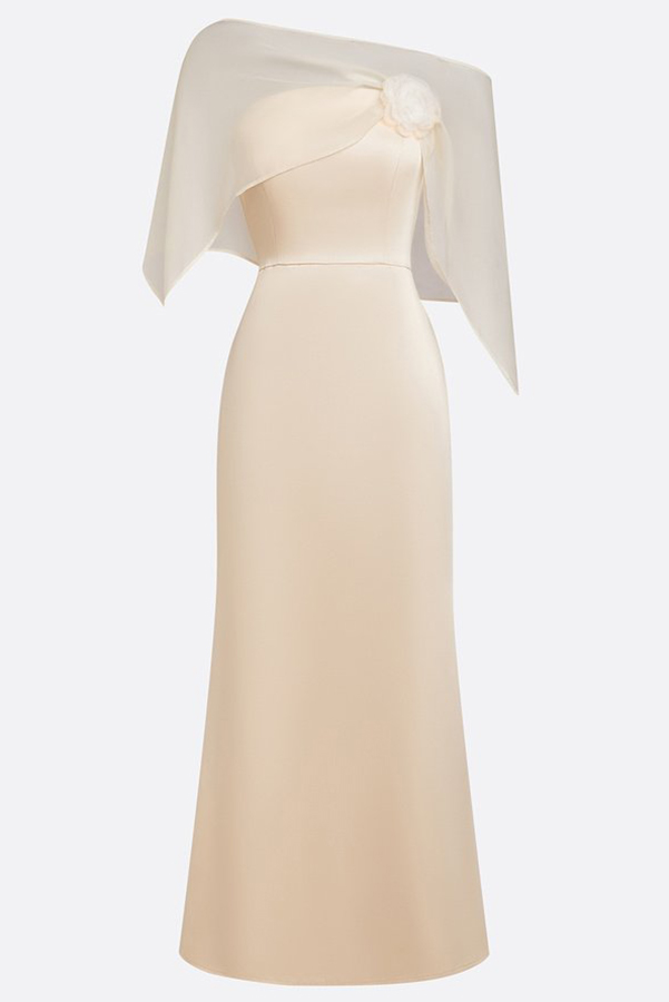 Lucero 3D Floral Satin Boat Neck Short Sleeve Sheath  Capelet Gown Maxi Dress