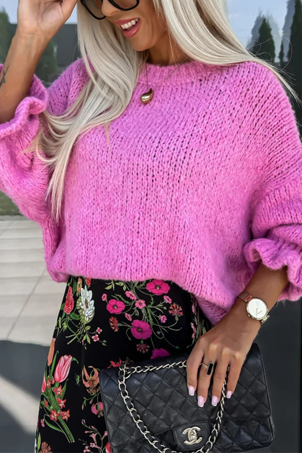 Solid Color Round Neck Ruffled Long Sleeve Knitted Sweater-consonak