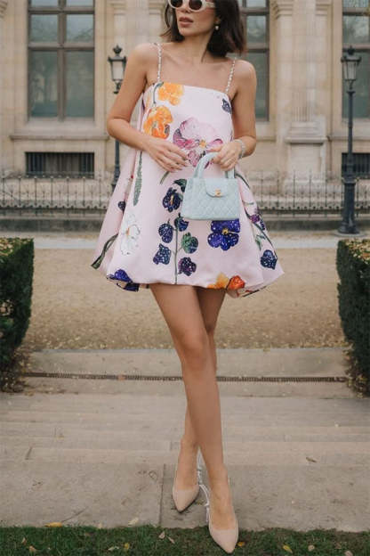 Whimsical Charm Wildflowers Print Embellished Shoulder Straps Bubble Hem A-line Mini Dress