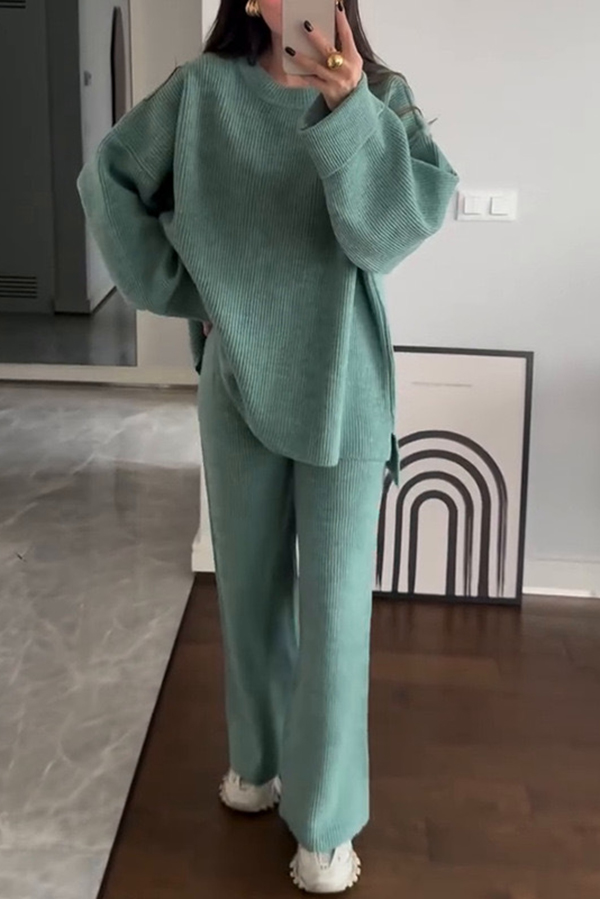 Solid Color Loose Long-sleeved Knit Top and Elastic Waist Casual Straight Leg Pants Set-consonak