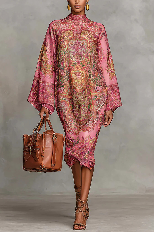 Retro Unique Print Casual Long-sleeved Loose Midi Dress-consonak