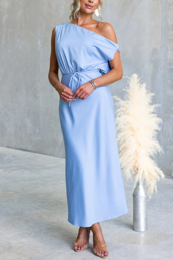 Solid Color One-shoulder Sleeveless Belted Casual Maxi Dress