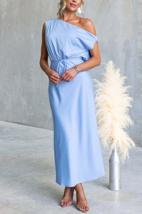 Solid Color One-shoulder Sleeveless Belted Casual Maxi Dress