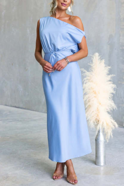 Solid Color One-shoulder Sleeveless Belted Casual Maxi Dress