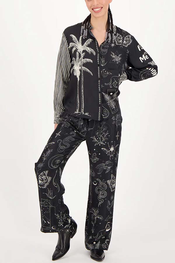 Black Magic Satin Unique Print Long Sleeve Blouse and Elastic Waist Pocket Wide Leg Pants Set-consonak