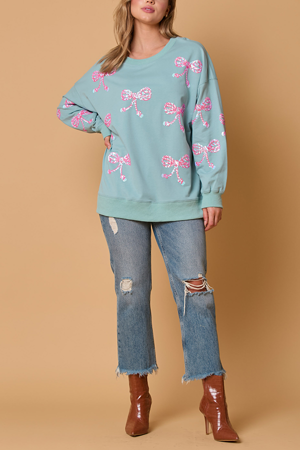 Christmas Bow Sequin Casual Loose Long-sleeved Sweatshirt-consonak