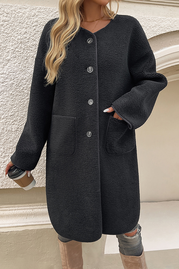 Solid Color Casual Cardigan Buttoned Pocket Mid-length Coat-consonak