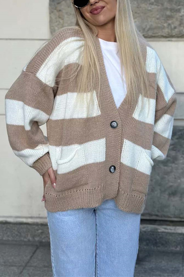 Casual V-neck Long-sleeved Striped Pocket Knitted Cardigan-consonak