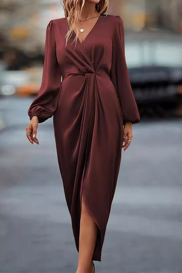 Satin V-neck Long-sleeved Slit Irregular Hem Midi Dress-consonak