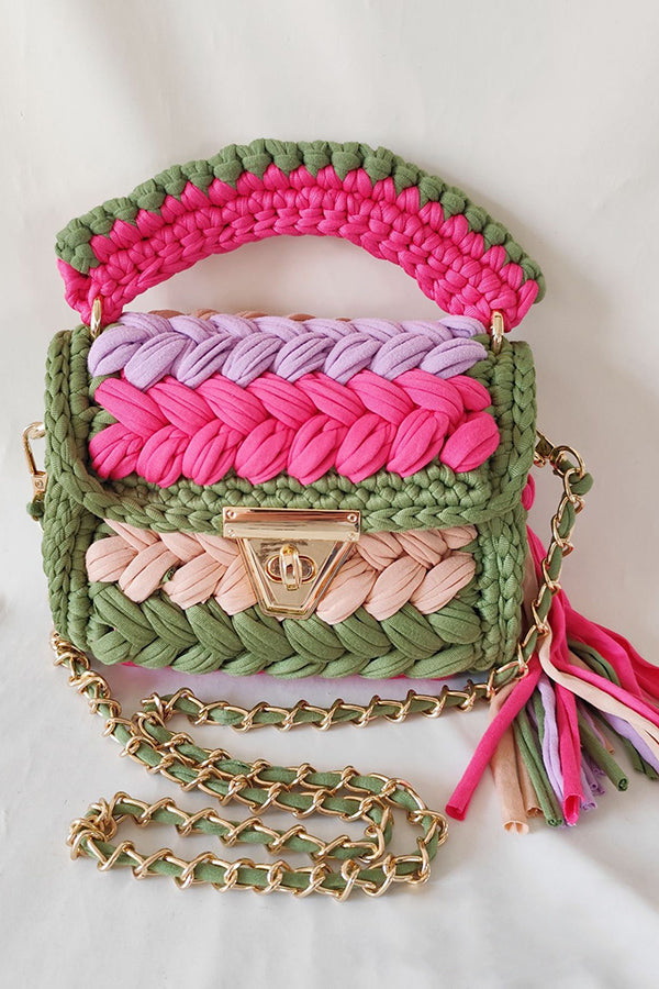 Contrast Color Stitching Braided Chain Tassel Bag-consonak