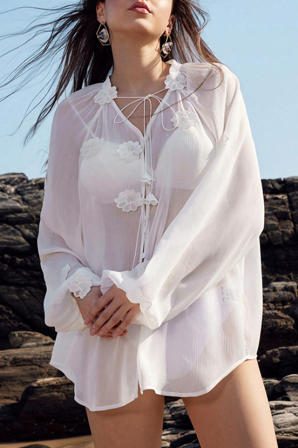 Solid Color Sheer Chiffon Long-sleeved Loose Cover-up Top-consonak