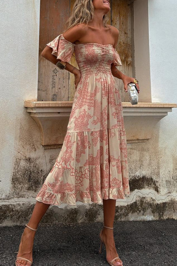 Pitaya Unique Print Off Shoulder Smocked Ruffle Sleeve Layered Midi Dress | Consonak