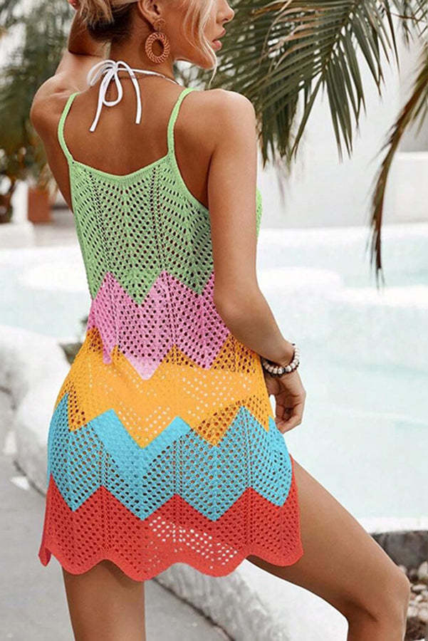 Covina Knit Corrugated Color Block Beach Mini Dress-consonak