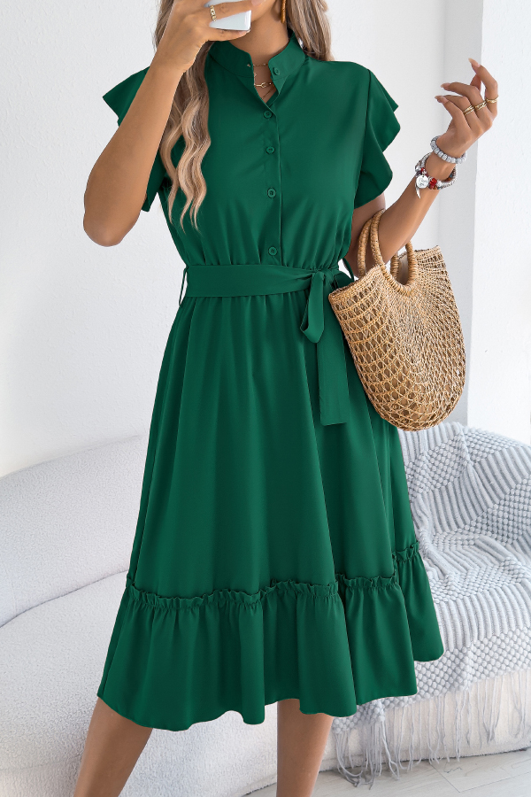 Solid Color Stand Collar Button Waist Tie Casual Midi Dress-consonak