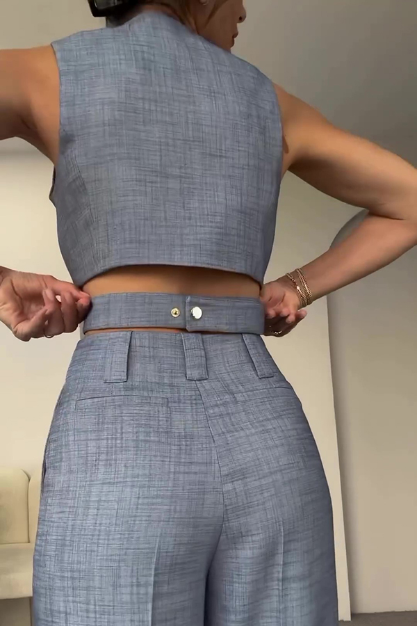 Crossover Slim Fit Sleeveless Vest and High Waisted Wide Leg Pants Set-consonak