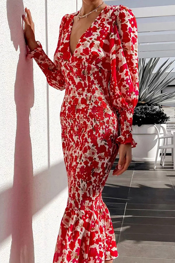 Rowena Floral Bishop Sleeve Smocked Midi Dress-consonak