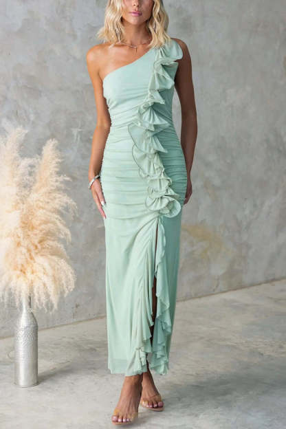 Fashion One-shoulder Pleated Sexy High Slit Slim Dress-consonak