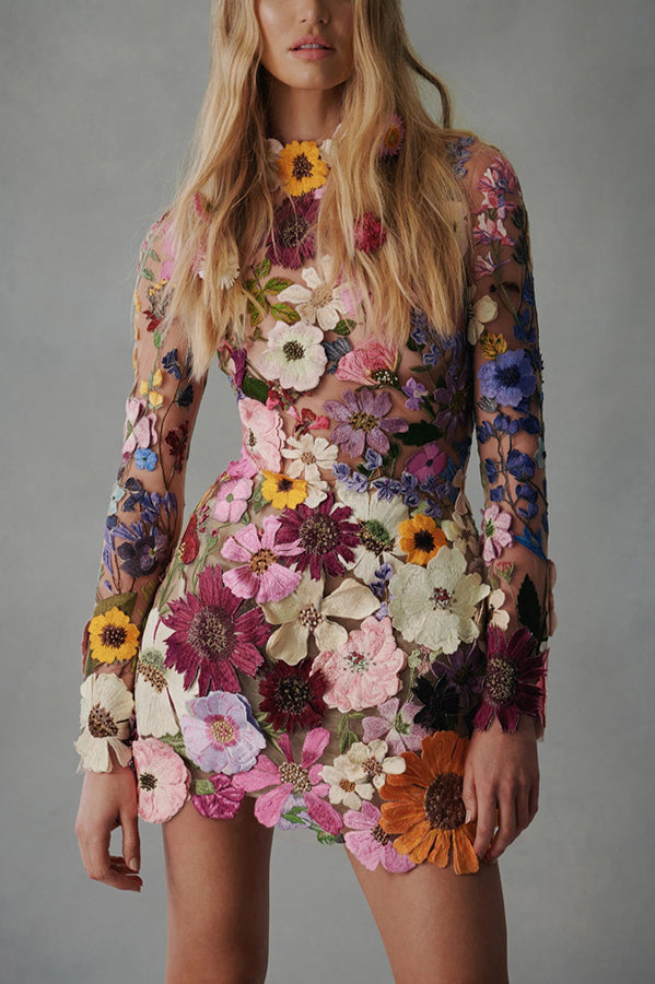 Elegantly Enchanted Floral Applique Backless Long Sleeve Mini Dress | Consonak