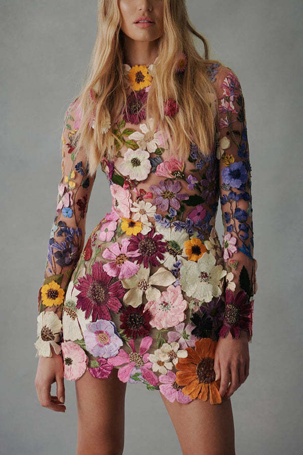 Elegantly Enchanted Floral Applique Backless Long Sleeve Mini Dress-consonak