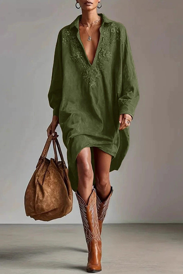 Fashionable Embroidered Loose Suede Long-sleeved Casual Mini Dress-consonak