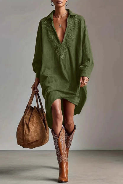 Fashionable Embroidered Loose Suede Long-sleeved Casual Mini Dress-consonak