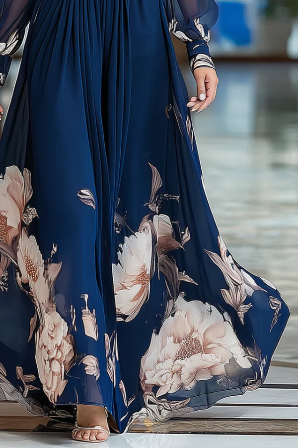 Floral Print Patchwork Mesh Long-sleeved V-neck Fitted Waist Maxi Dress | Consonak
