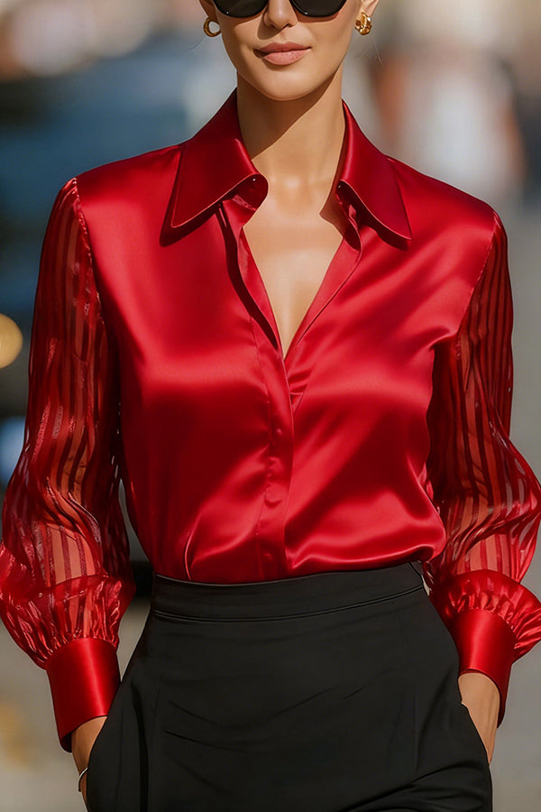 Solid Color Satin Loose-fitting See-through Long-sleeved Casual Shirt-consonak